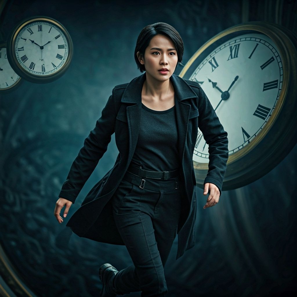 Woman Running Through Time Amidst Giant Clocks
