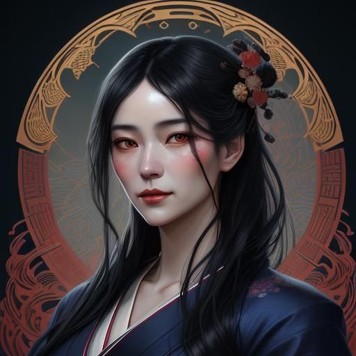 japanese lady vamlpiress drwn in Ukiyo-e style,  flowing lines, flat colors,