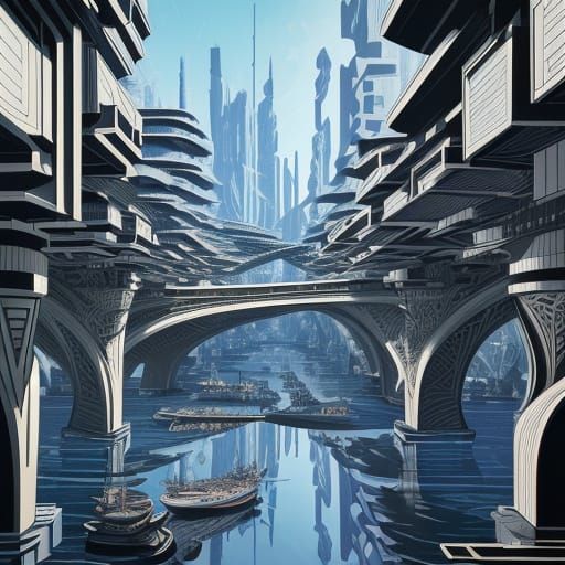 M.C. Escher.. Futuristic paradoxical art woodcut and woodblock style a city. ivid colours mixed and reflections of water in street.. clearly...