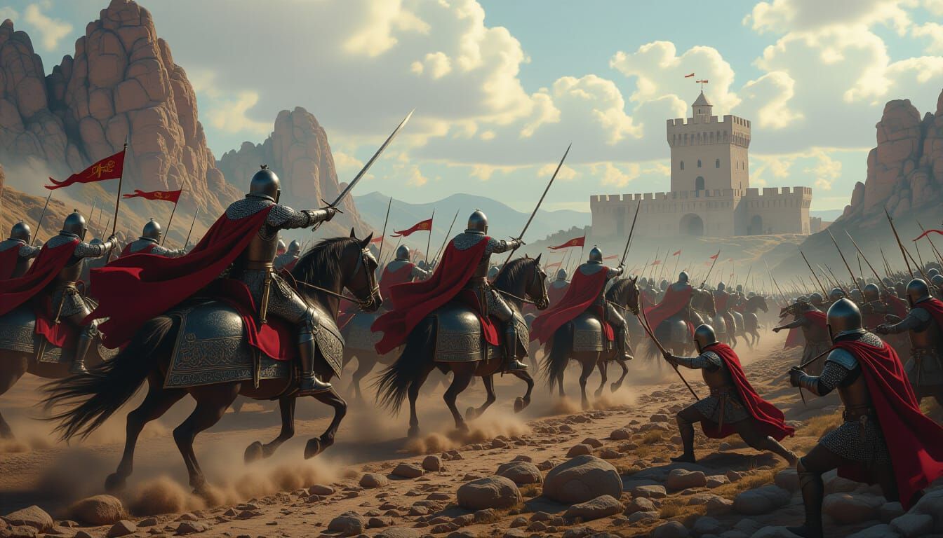 A detailed medieval battle scene featuring armored knights engaged in combat. The knights are wearing black helmets and chainmail, with some...