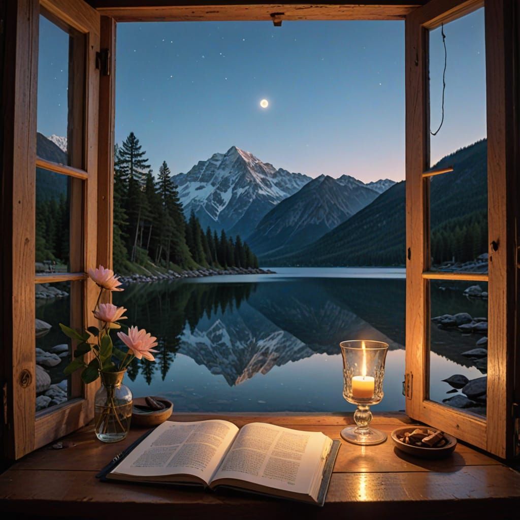 A window with a view of a tranquil mountain lake at dusk.  by @mgafner