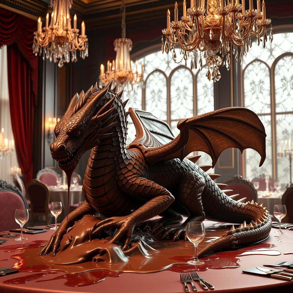 A melting chocolate sculpture of a dragon, with rivulets of molten chocolate cascading down its scales ...  by @Bluemoon