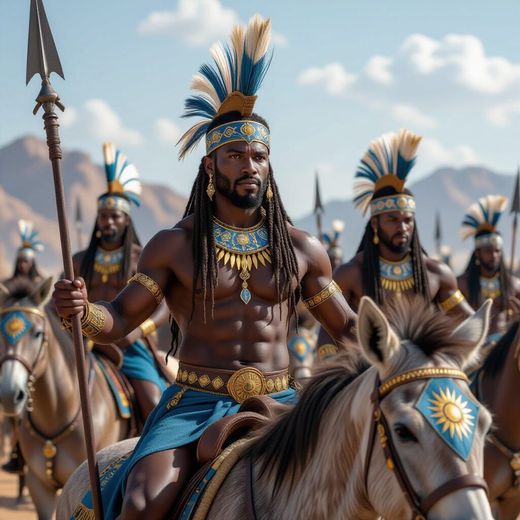 4 Heroic Warrior Lancers of the resistance alliance of Far-Harad,with subsaharan facial features,deep dark brown skin,kinky cornrow braided ...