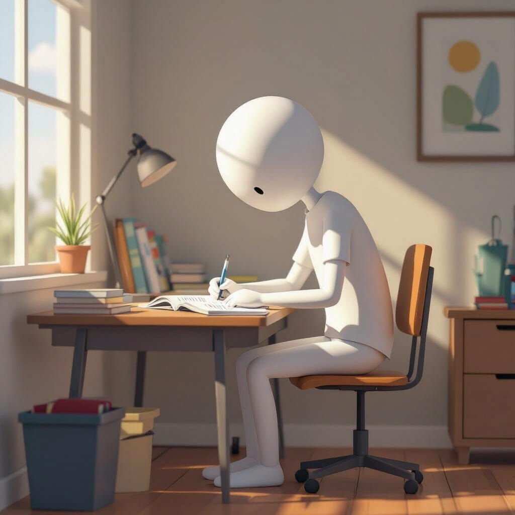 Minimalist Stick Figure Studying in Simple Room