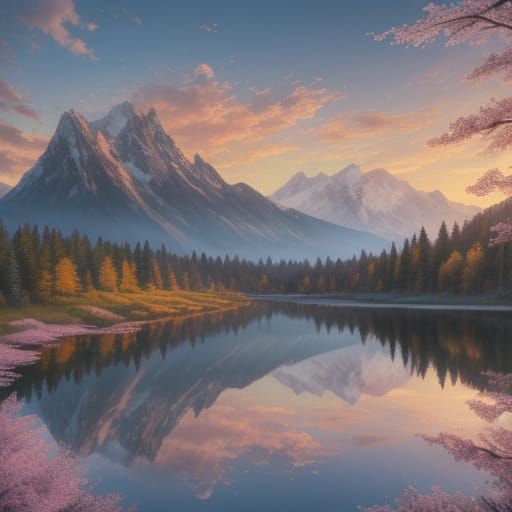 Cherry Blossoms Bloom by Magical Lake Sunrise