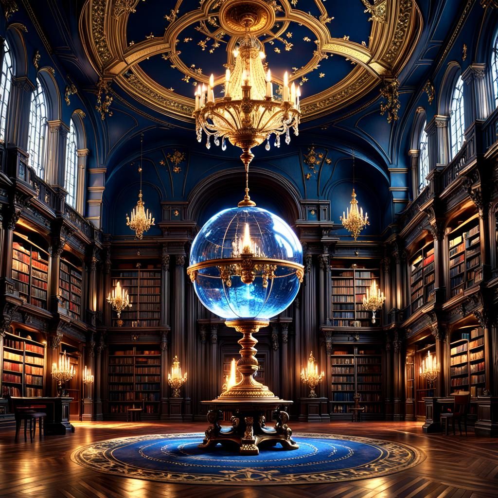 The library is a baroque architectural style with a crystal globe on the central floor ...  by @barmbarm
