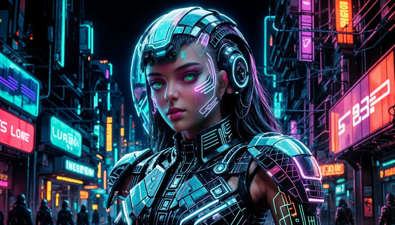 Ultra-realistic portrait of a futuristic cyberpunk woman with vibrant green neon glasses, standing in a neon-lit city at night. The scene fe...