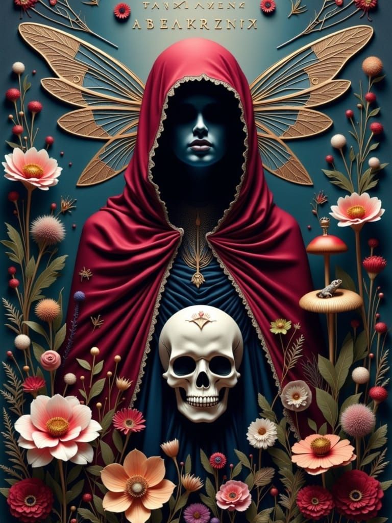 <lora:Mirpar02:1.0> A shrouded figure with an enigmatic, partially veiled face, swathed in flowing, crimson drapery, stands at the center of...