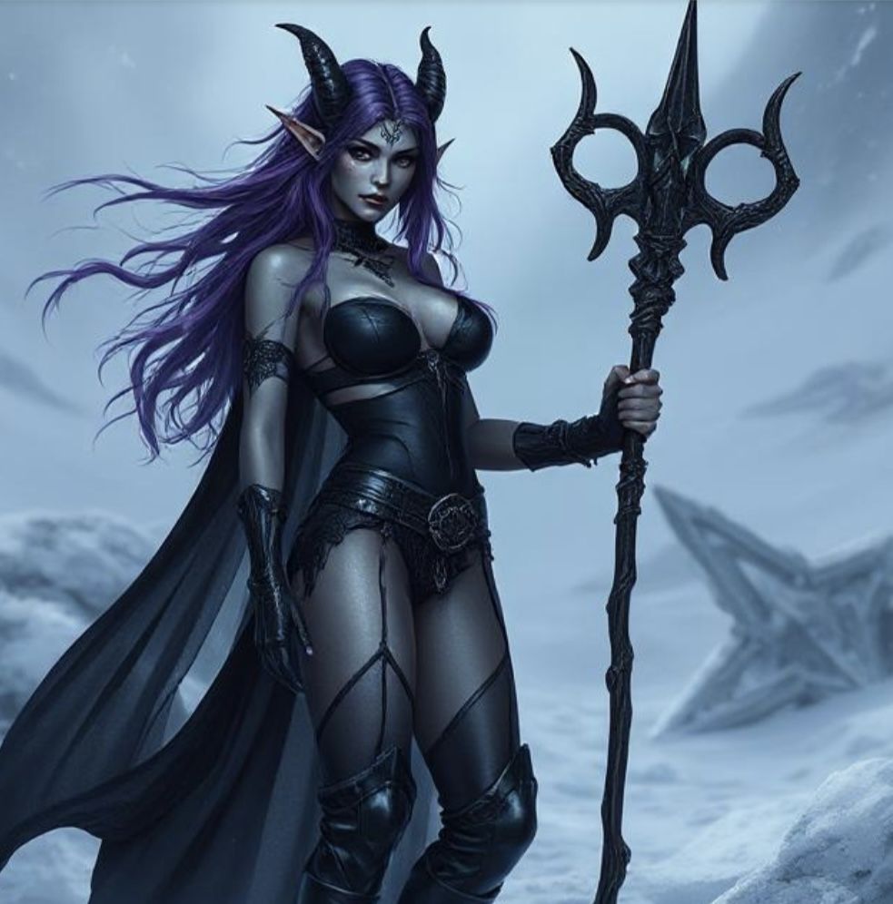 A dark elf sorceress in the frozen wastes.