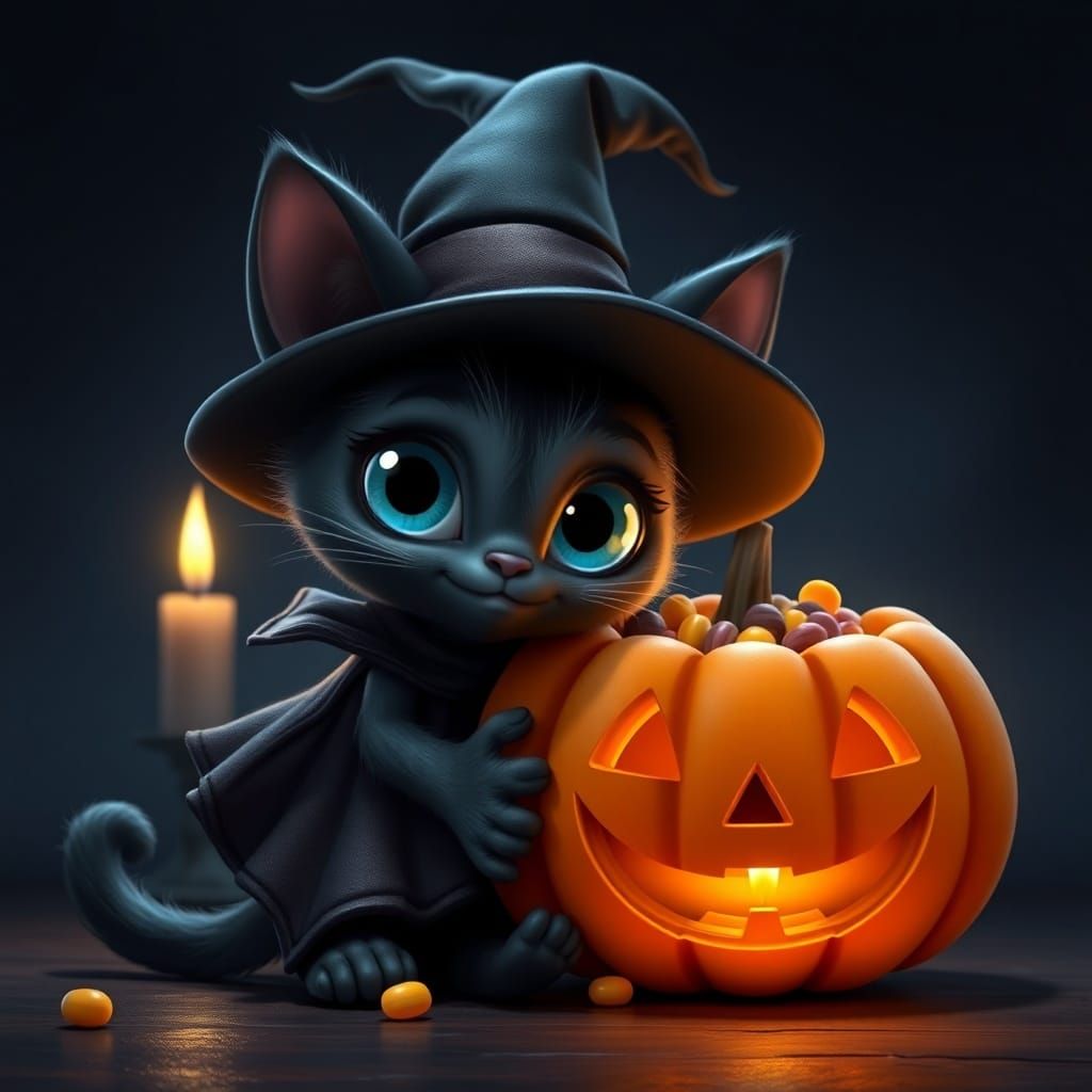 Pixar Style Witch Cat with Glowing Eyes and Jack-o'-Lantern
