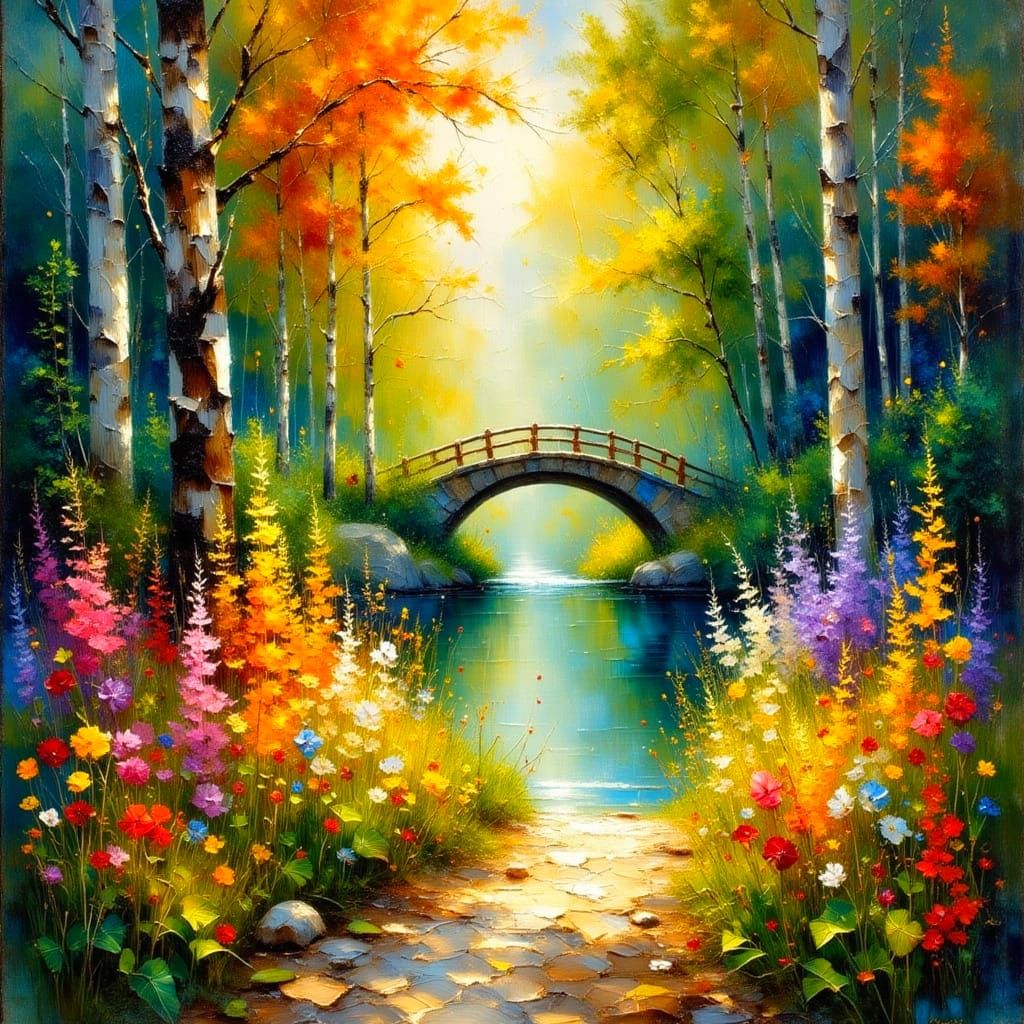Impasto Painting of Vibrant Forest Path and Bridge