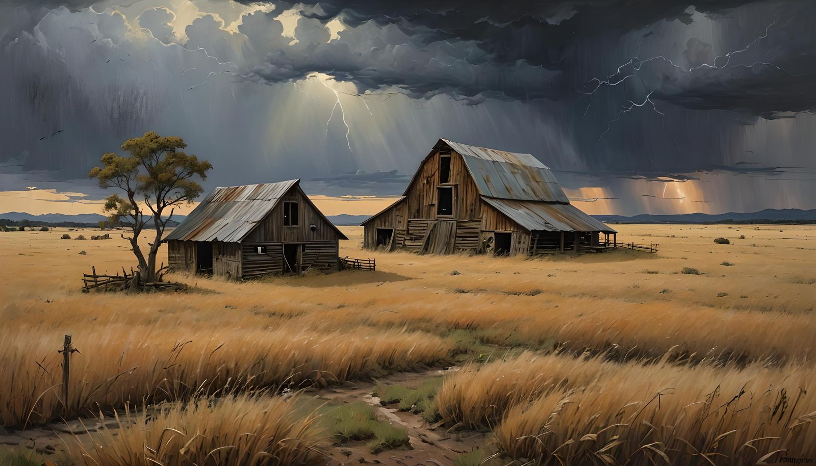 An old barn in a field of dry grass, thunderstorm in the bac...