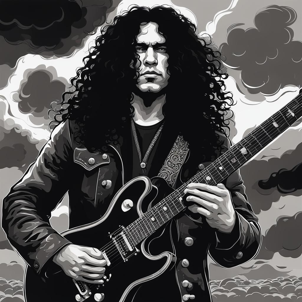 Heavy Guitarriffs. Thundering Clouds. A man with long black ...