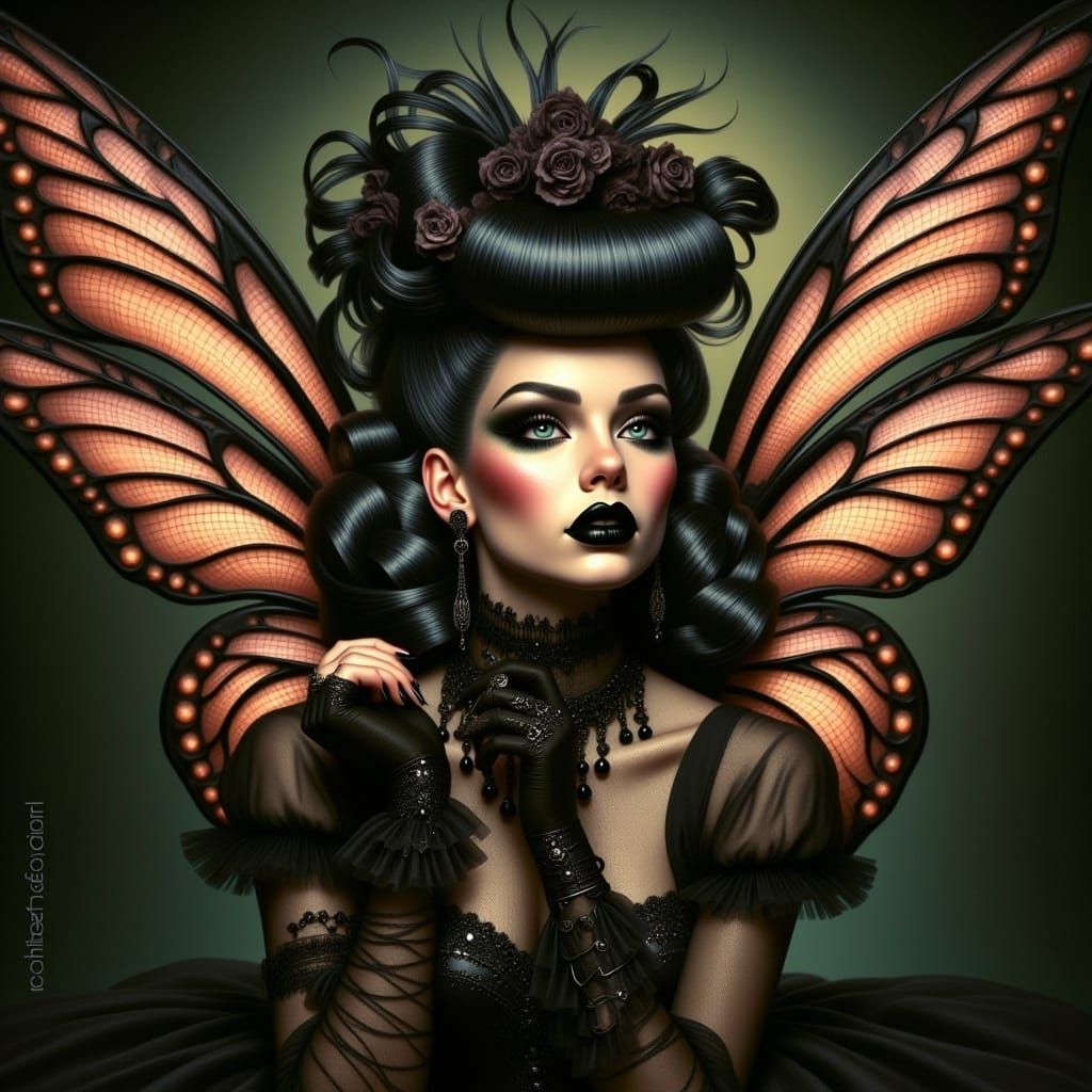  <lora:Midnight Retro V2:1.0> portrait, 1950’s gothpunk fairy with intricate extended wings, dynamic lighting 