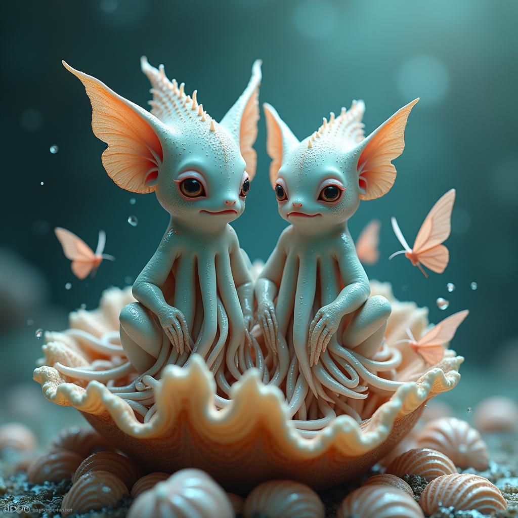 a couple of squidpeople sitting on top of a pile of shells, a macro photograph, by Dietmar Damerau, renaissance, ...  by @James Silvers