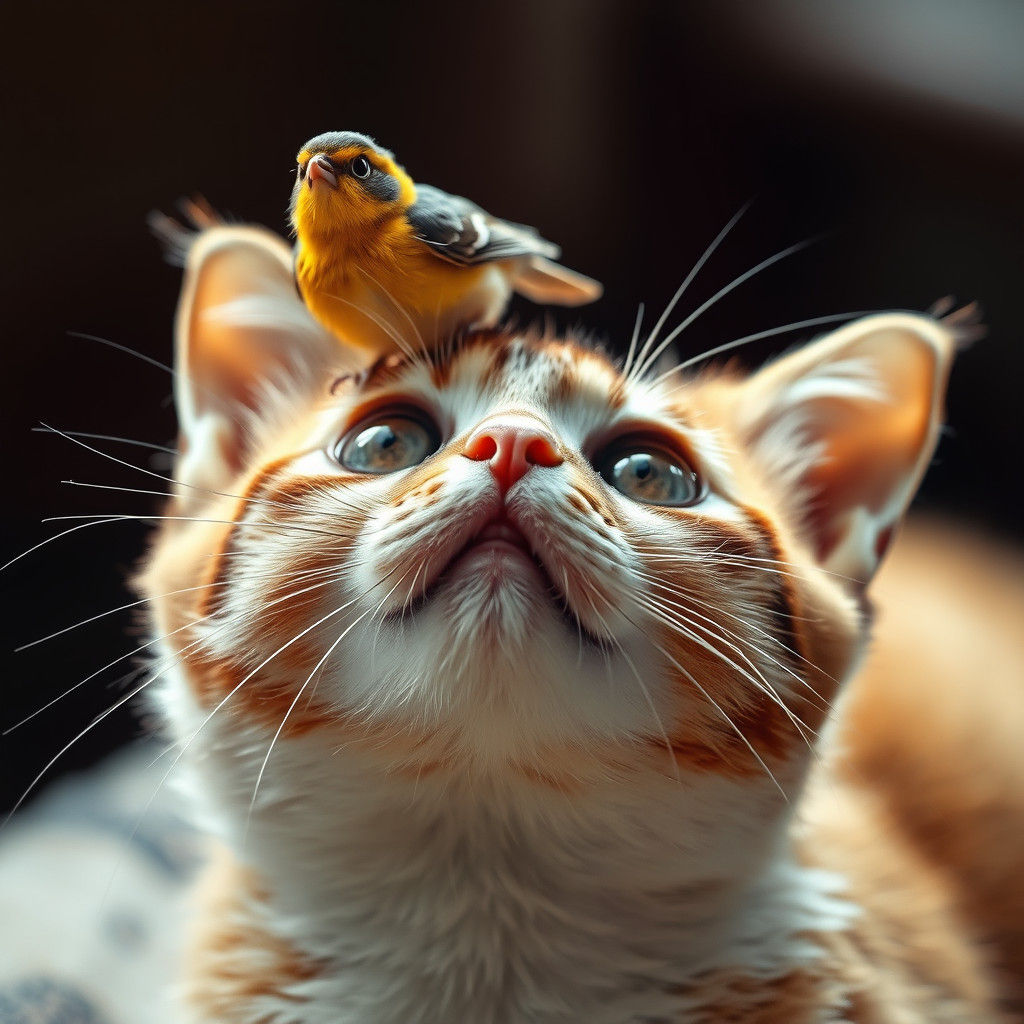 Cat and Bird Portrait in Cinematic Lighting