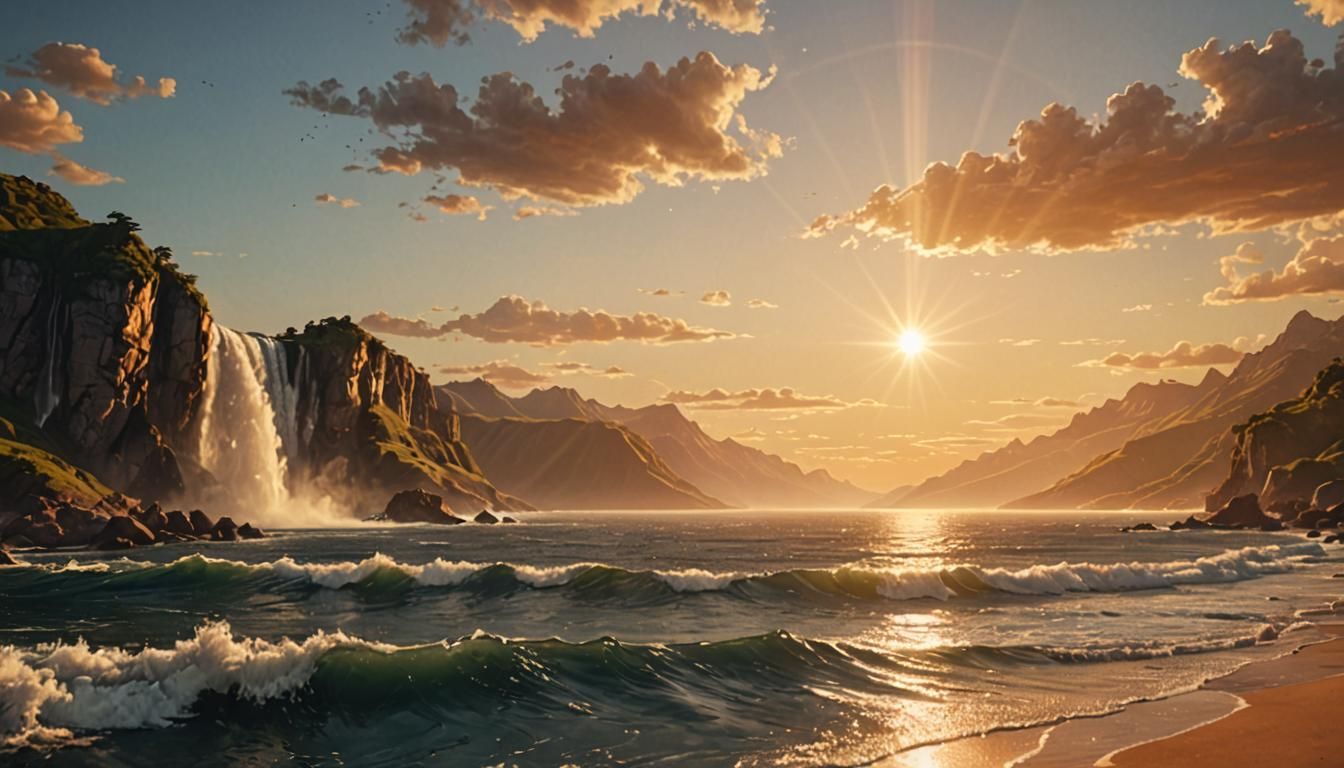 hyperrealistic digital matte painting of A beautiful wide-angle shot of a vast sea sunset. mountains line the background of the sea, and a w...