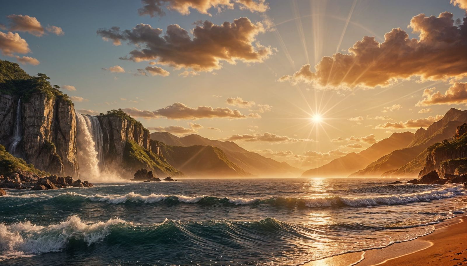 hyperrealistic digital matte painting of A beautiful wide-angle shot of a vast sea sunset. mountains ...  by @Pauliyed