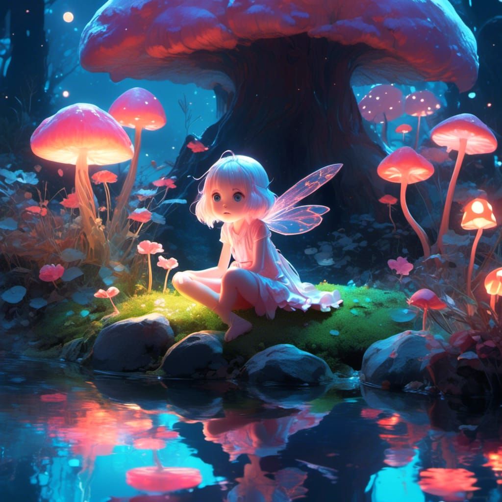 Soft pastellic neon color picture, Cute fairy sitting by night on a bioluminescent mushroom at a dreamy little pond.  <lora:eye:1.0> 3D char...