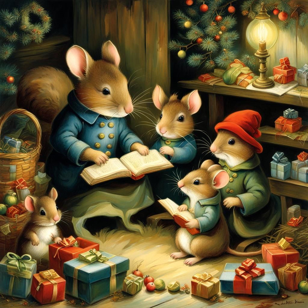 Mouse family celebrating Christmas