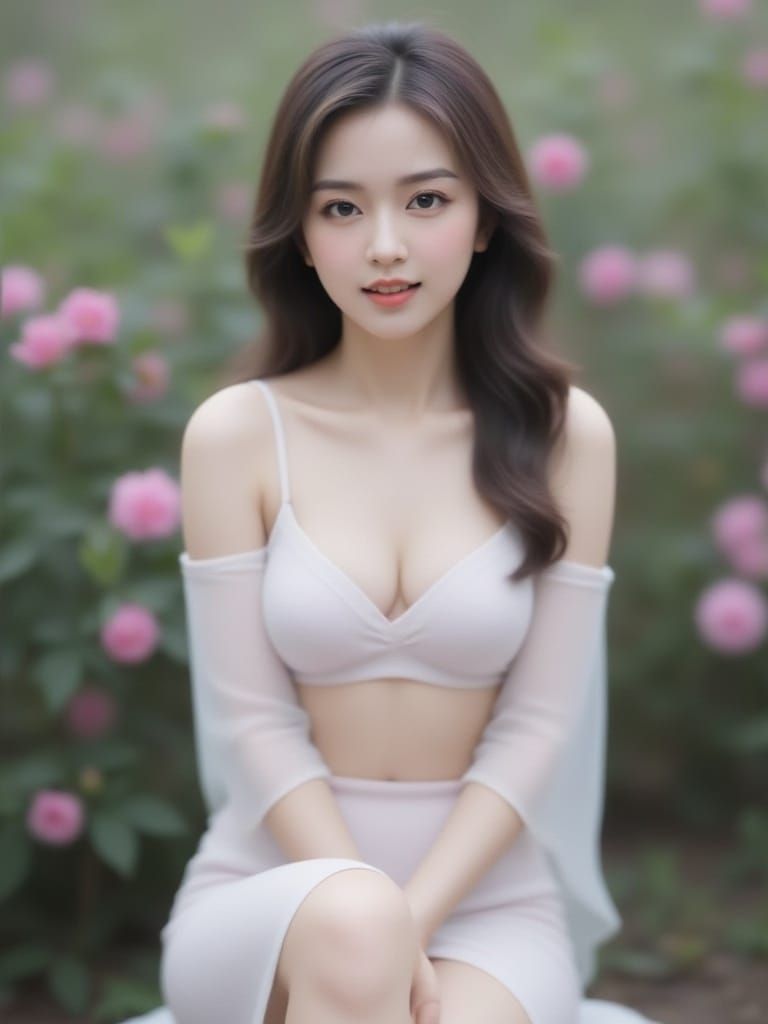 <lora:Hazy Portrait:1.0> Hazy photo of Cherry lady, smiling, wearing wrap top, wrap skirt, sitting, disclosing white skin thighs. Full body....