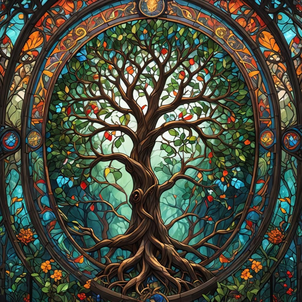Stained glass tree of life detailed matte painting, deep color, fantastical, intricate detail, splash ...  by @Faint-snake2