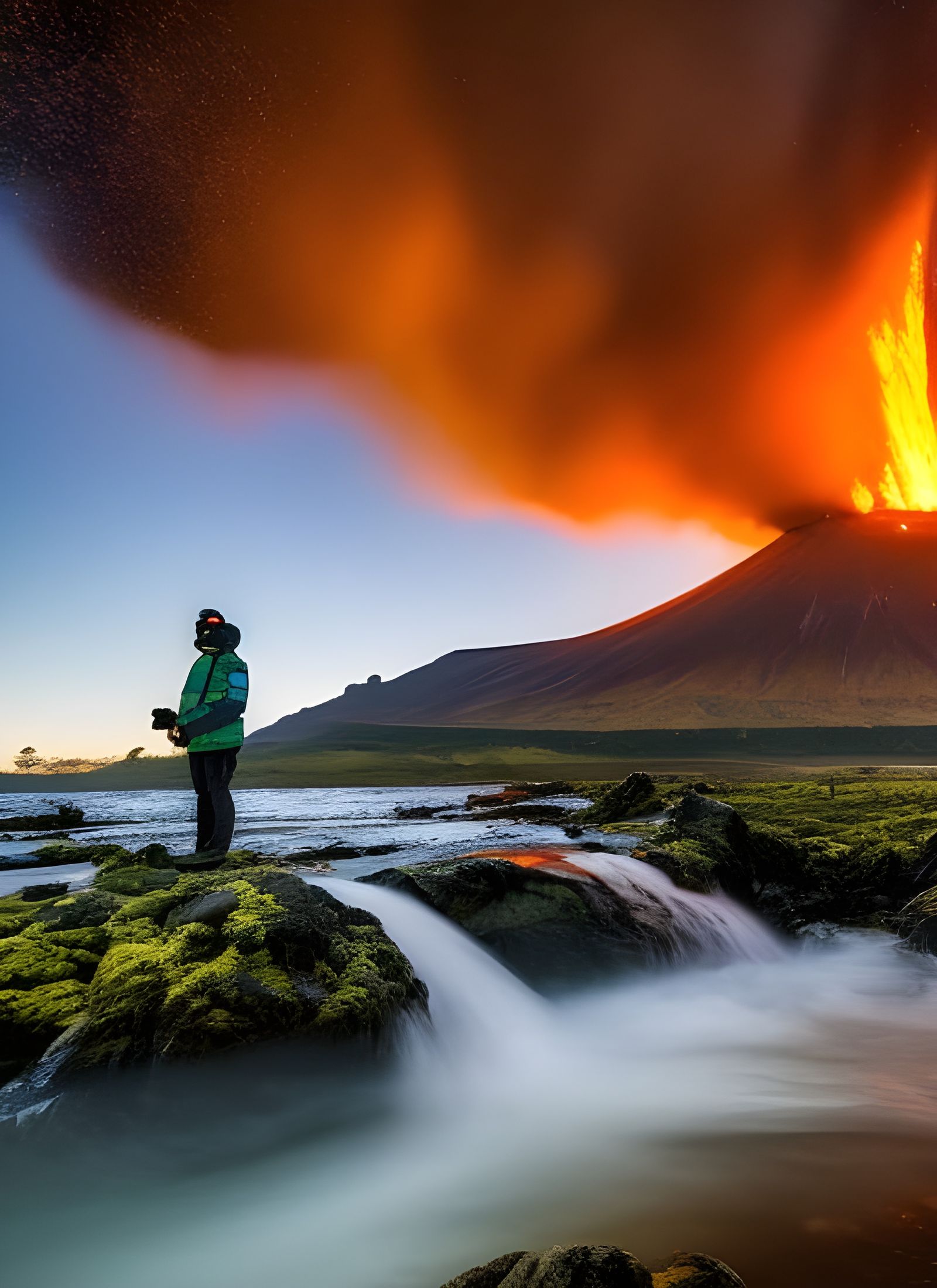 a man takes a selfie in front of an erupting volcano