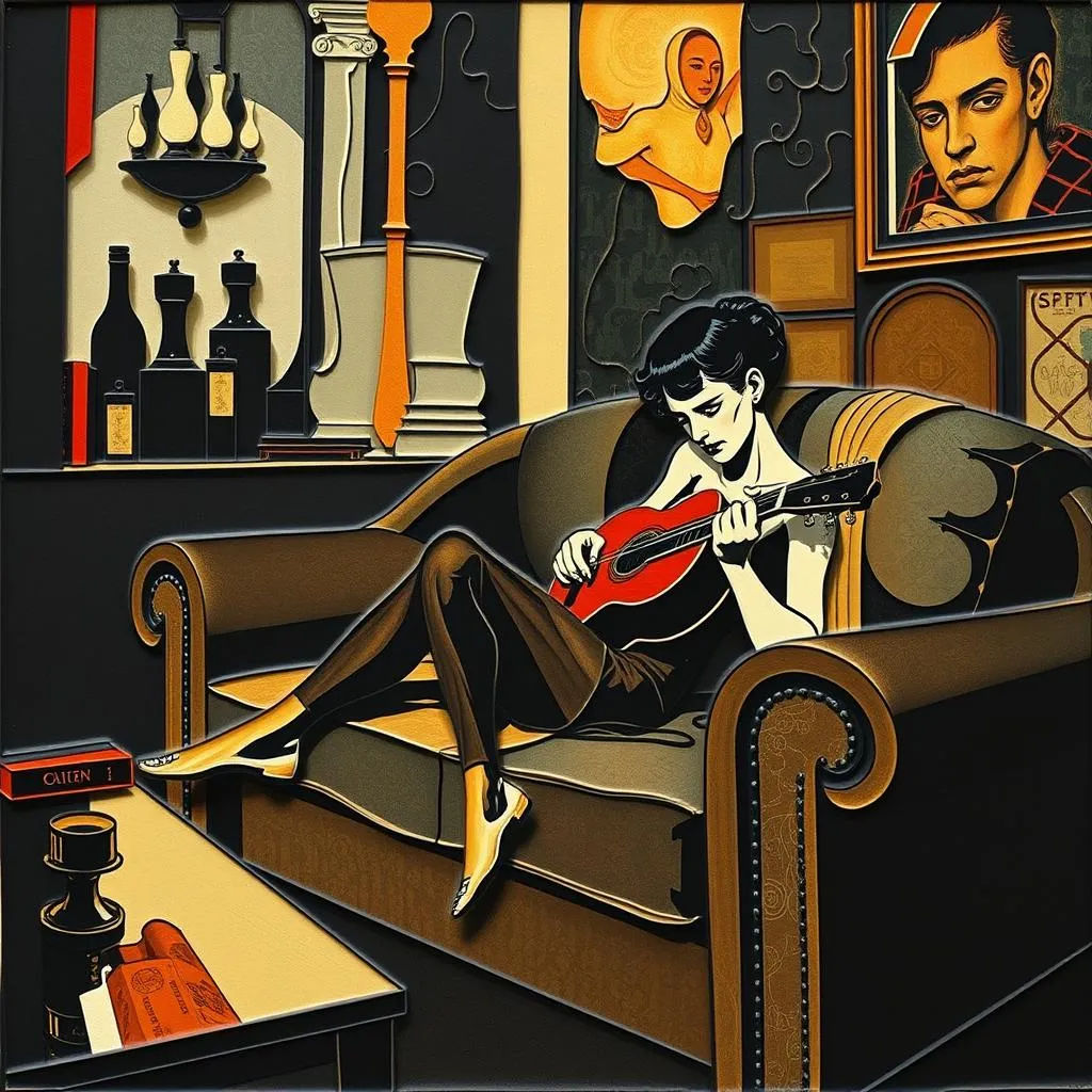 Guitarist at home; cut paper collage art