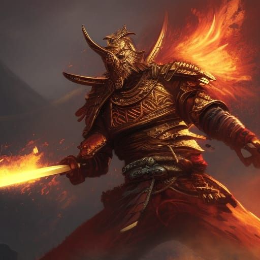 Orc. Samurai. Shining Golden Armor. Flaming Katana. - Ai Generated 