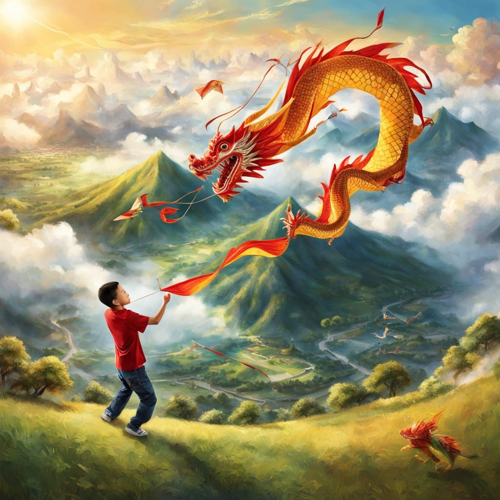 Joyful Chinese Boy Soars with a Vibrant Dragon Kite in Cinem...