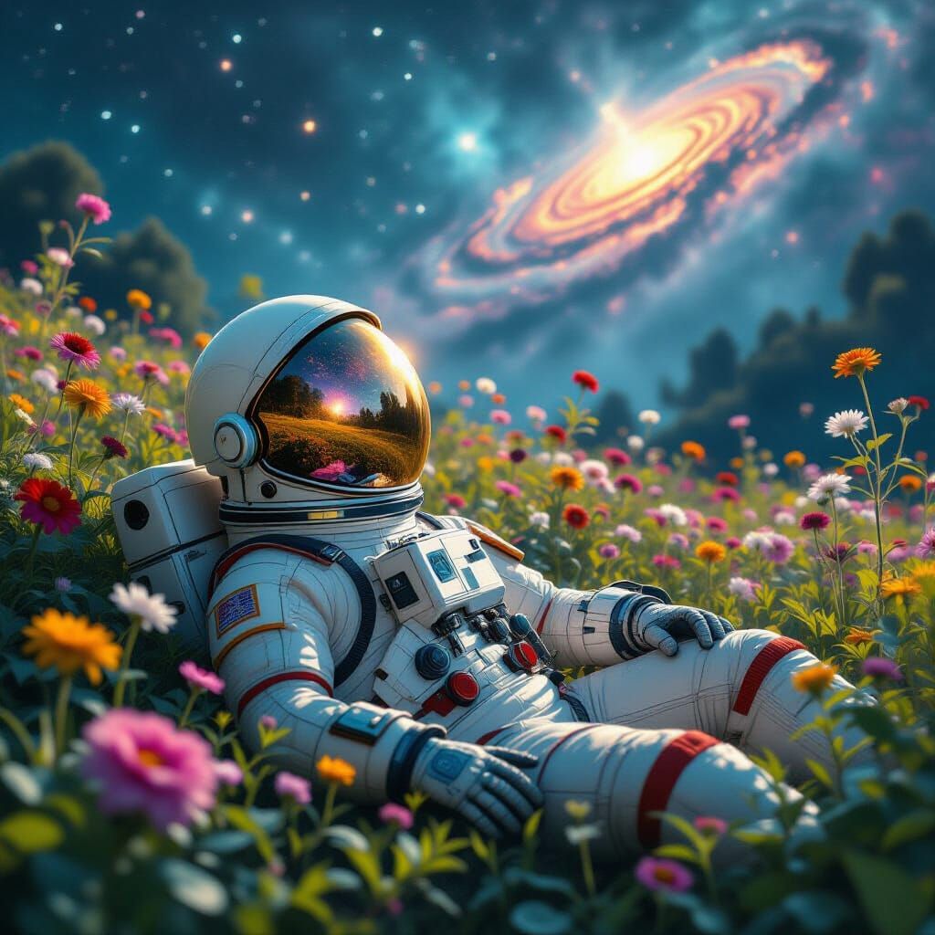 An astronaut lying in a garden of flowers. The universe is reflected in the visor. zombiecore