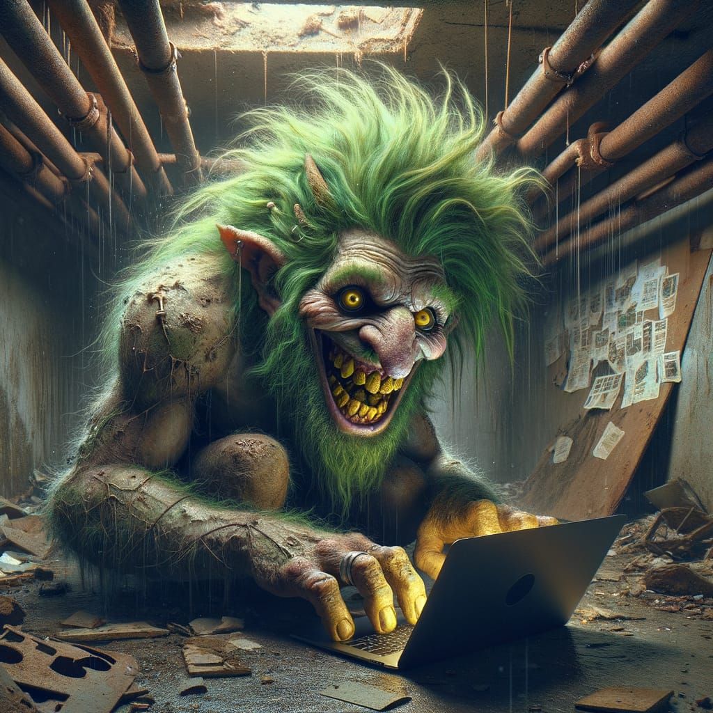 A troll trolling

An ugly green-haired troll with wild, tangled hair and yellow broken teeth, grinning maniacally as he hunches over a laptop. His crazed eyes...