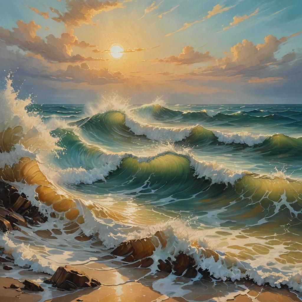 Golden Sunlight on Crashing Ocean Waves as Oil Painting