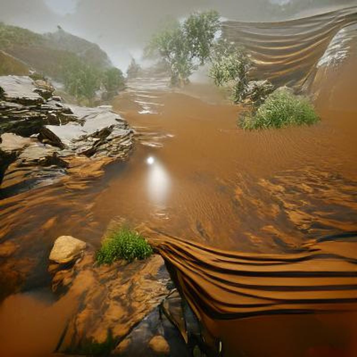 Peanut butter river flowing in a valley during a storm. CryEngine