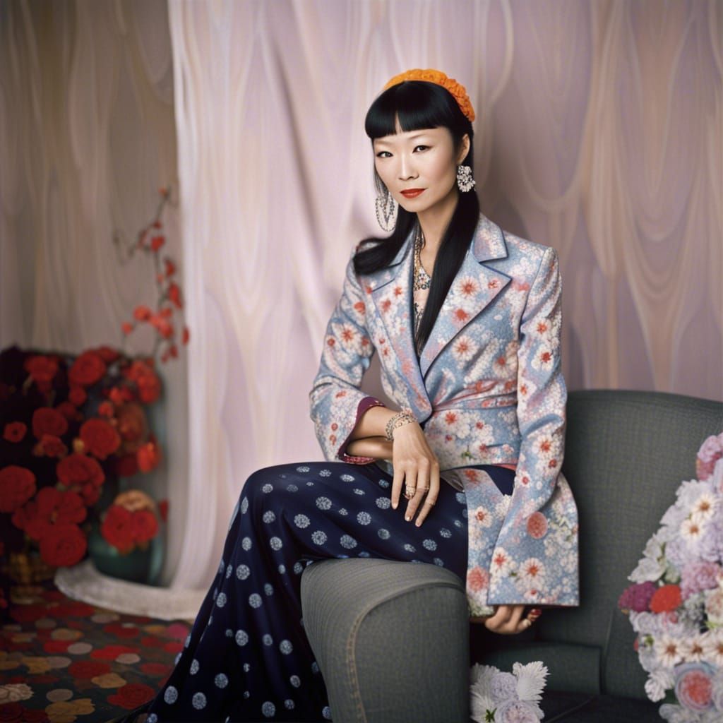 color photo of Anna May Wong in a hippy dress, color portrait, professional portrait photography by Martin Schoeller, by Mark Mann, by Steve...