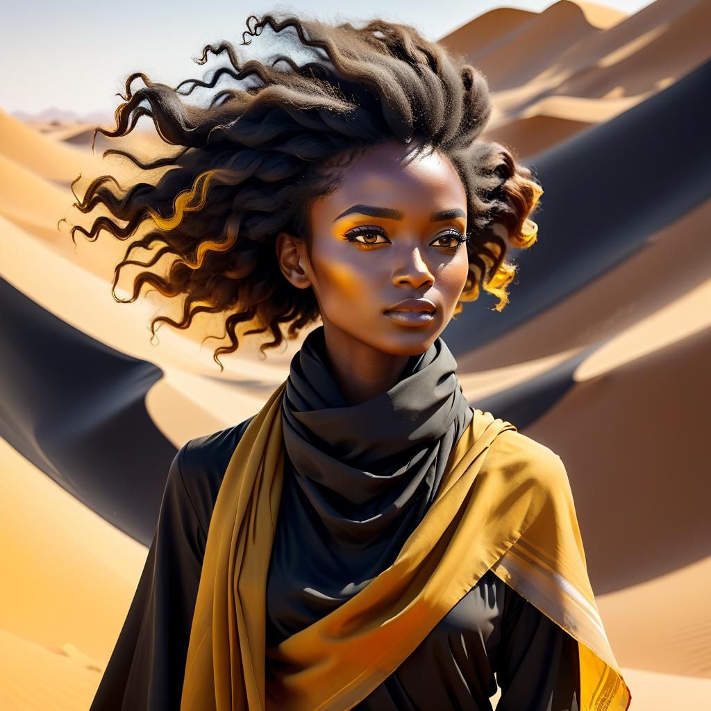 Une belle femme noire enveloppe ses cheveux dans un foulard, sa robe ocre jaune vibrant sous le soleil ...  by @Abri 