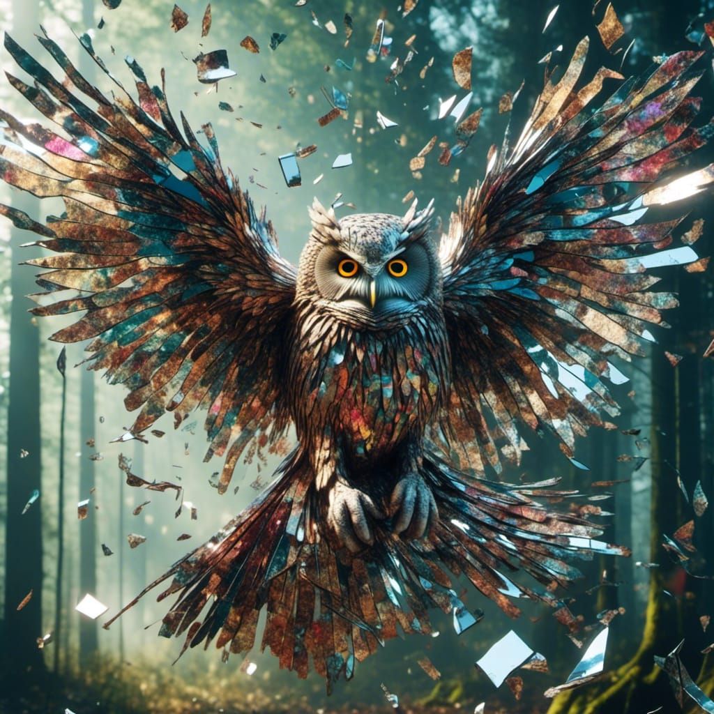 <lora:Shattered:1.0>shattered mirror, mirrors 
the most beautiful multicolored flying owl in the forest