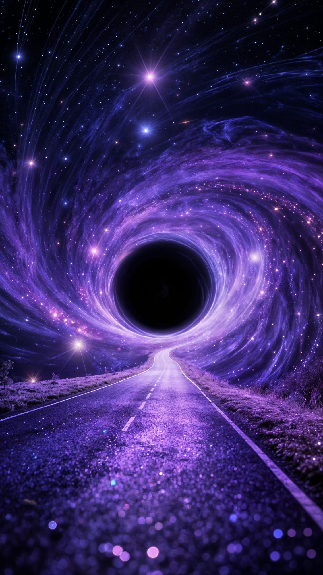 The road is leading to a black hole embedded with purple magic and lights. There is glittering space time wraps all over. The image should b...