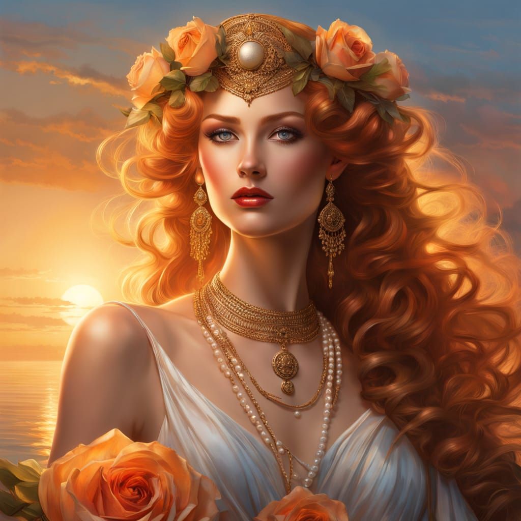 In the soft sunset light stands a gorgeous goddess draped in transparent flowing silk with pearls cascading down her shoulders, a three stra...