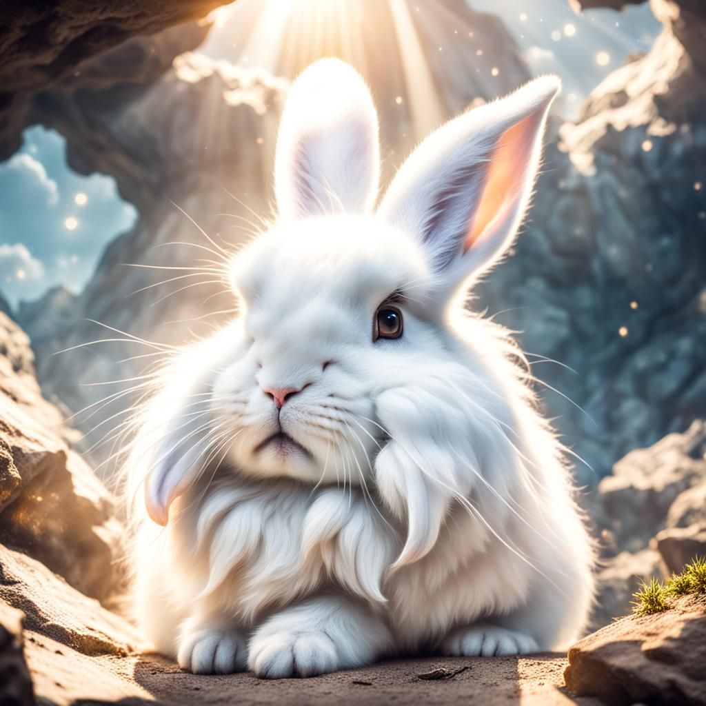 cute fluffy rabbit in a cave