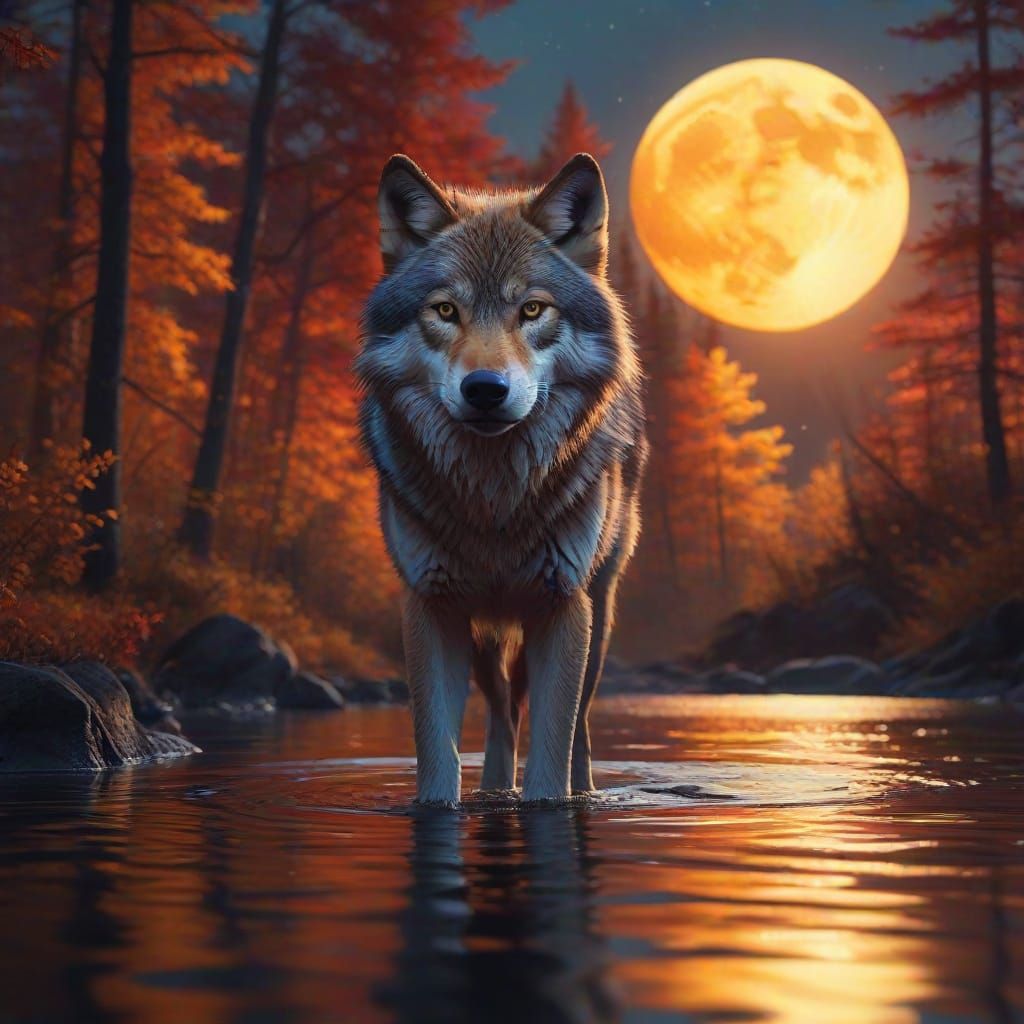 Double exposure. Side profile portrait of a beautiful wolf. a colorful forest with huge moon reflected ...  by @Granit9