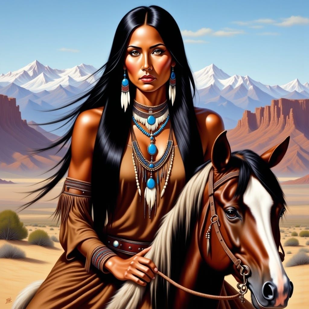 <lora:NativeAmericanFlux:1.0> full body portrait of "Stunningly beautiful native American female, silky tan skin, black flowing long straigh...
