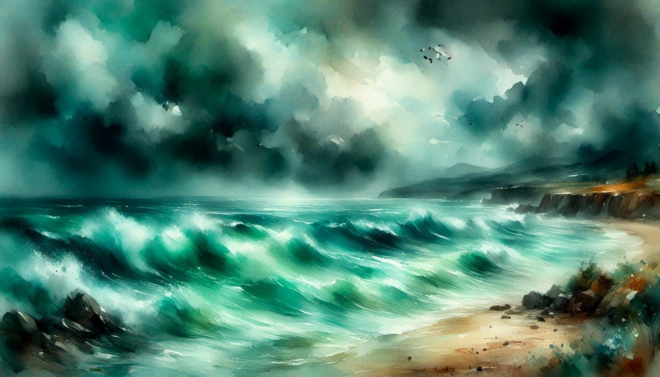 <lora:Water color:1.0> <lora:Charcoal art:1.0> A beach view looking at a stormy sea