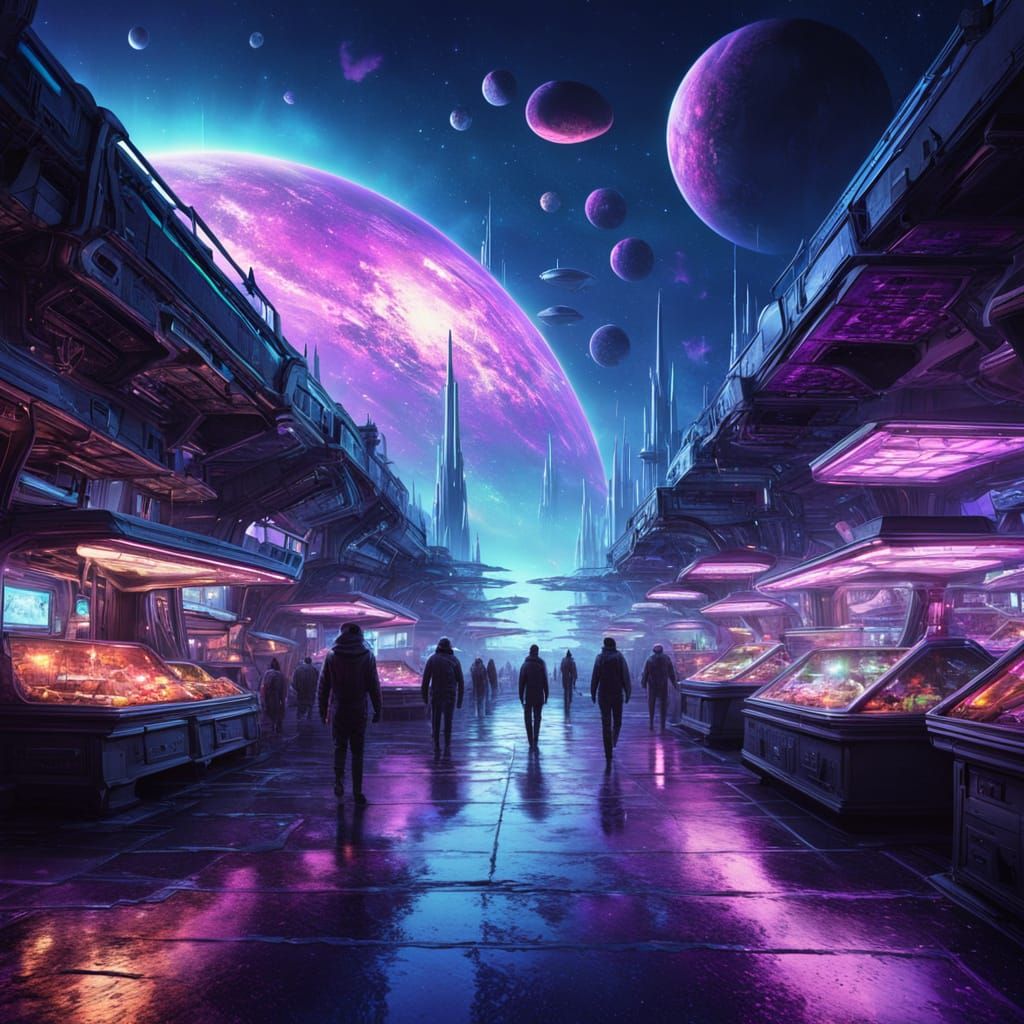 Alien Market in a Neon Galactic Landscape