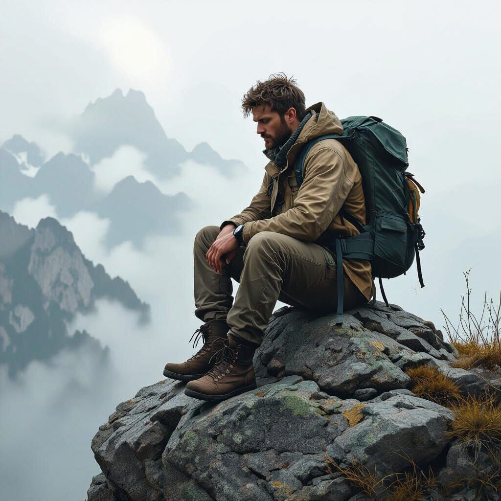a man in delima sitting on the peek of a rock