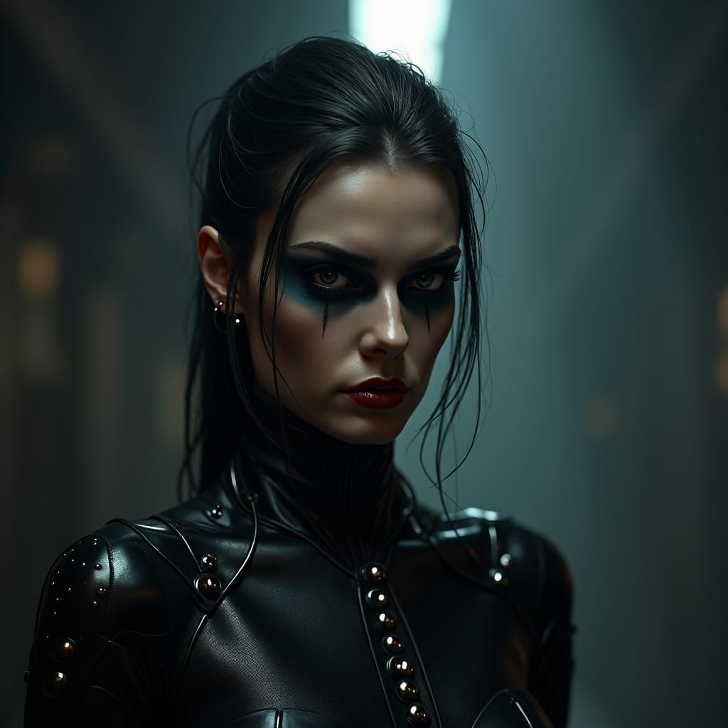 A dark, atmospheric portrait of a female villain with a sinister yet alluring aura. She has sharp, striking ...  by @Fausto Santos