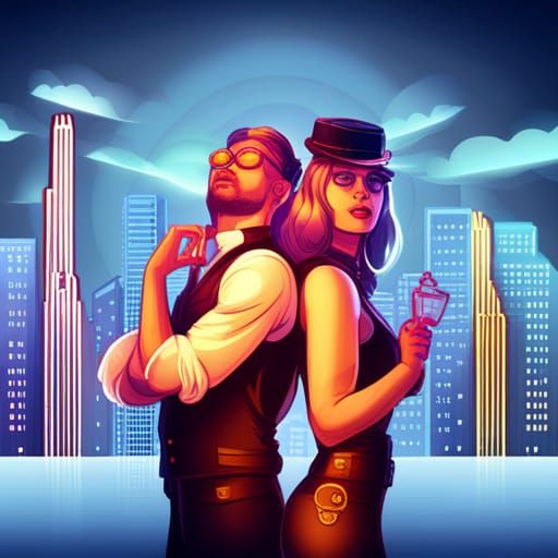 Steampunk Couple in Neon Cityscape