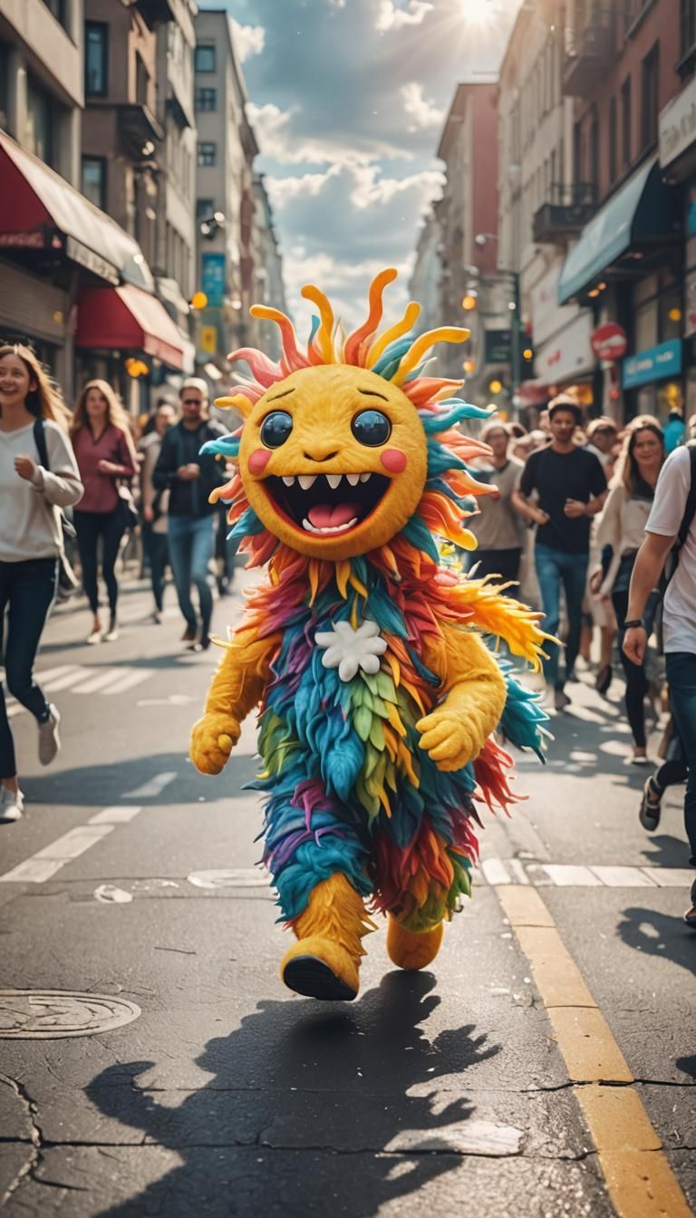 Colorful Creature Runs Through City Street