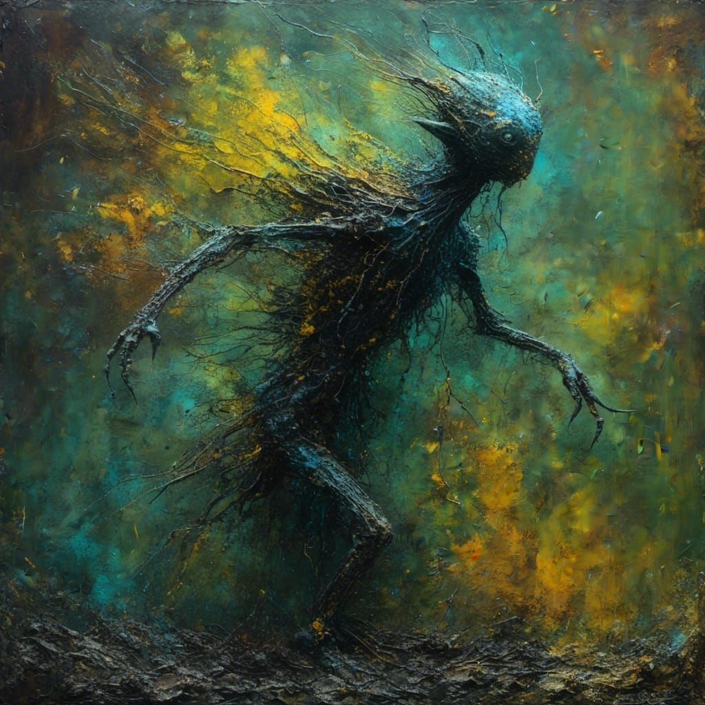 <lora:MJ6 Dark Oil Splash:1.0> a mischievous creature manipulating time, character made of glass and oil paint, splashes of paint and color...