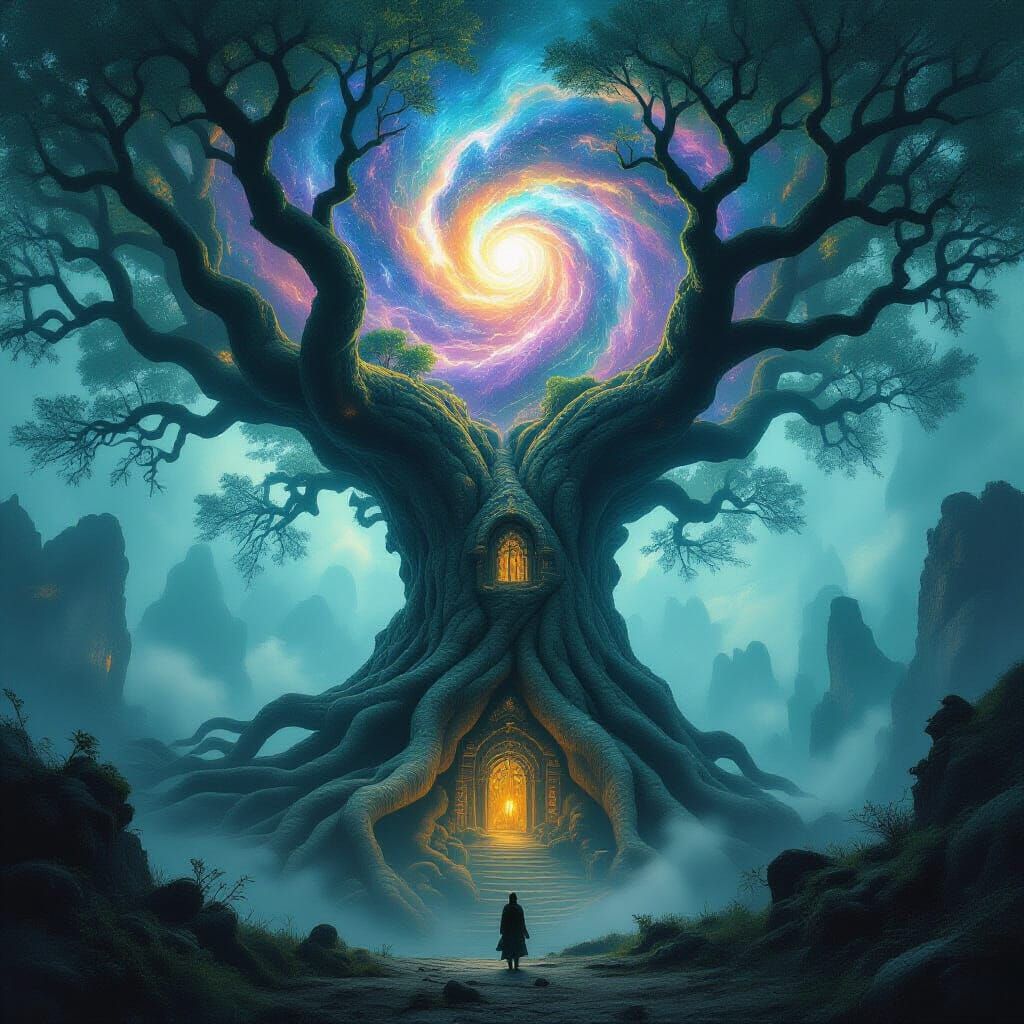 A colossal, ancient tree with roots that twist into a labyrinthine underground fortress, its canopy a ...  by @SaraM